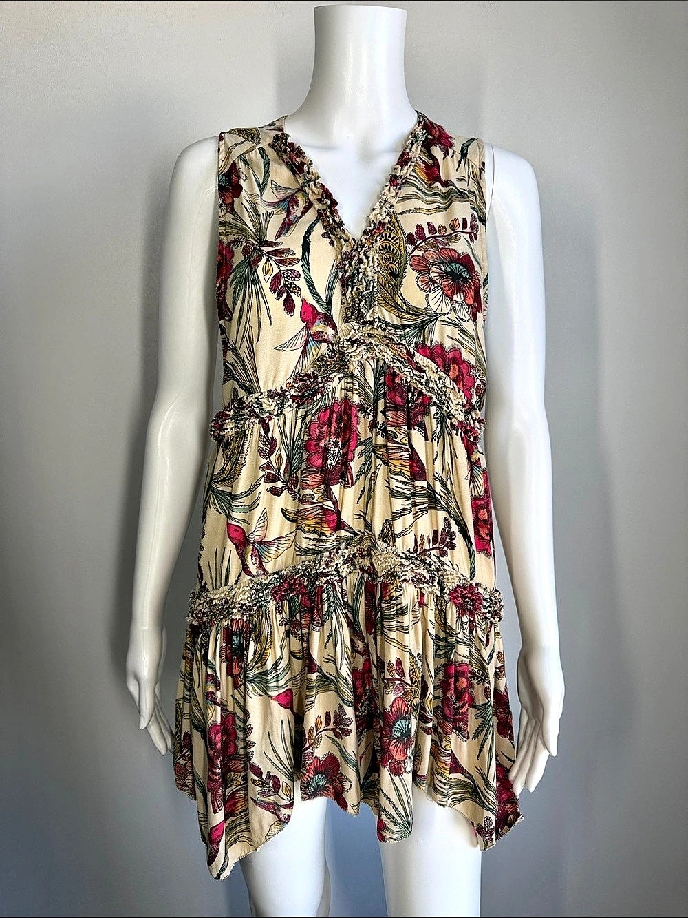Free People Purple Haze Hummingbird Floral Tiered Tunic Dress Size S